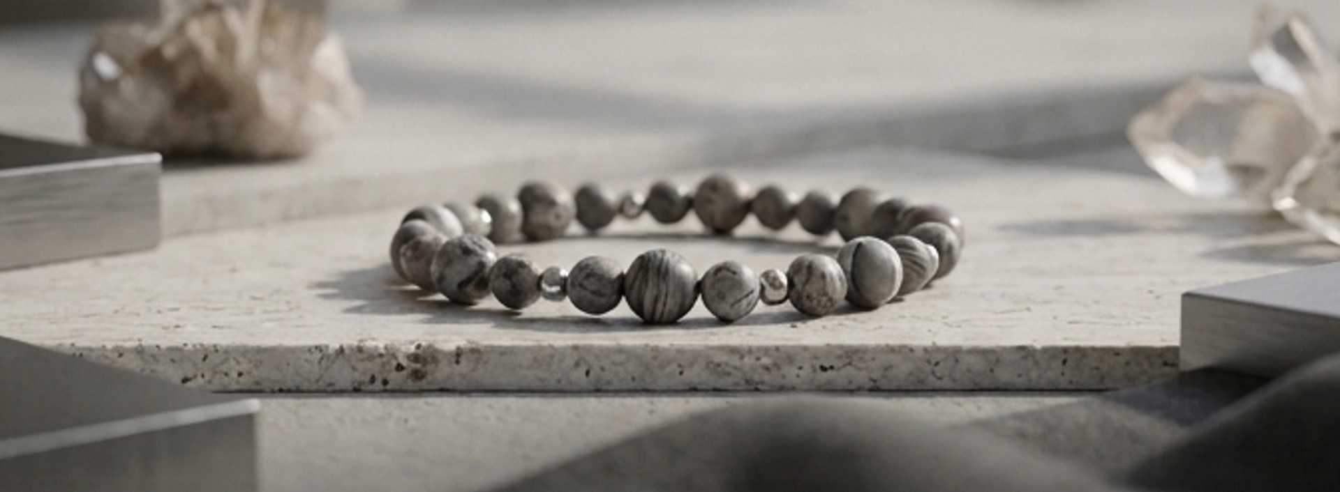 Bracciale artigianale in Diaspro Grigio Striato pietre naturali handmade GM_Creations