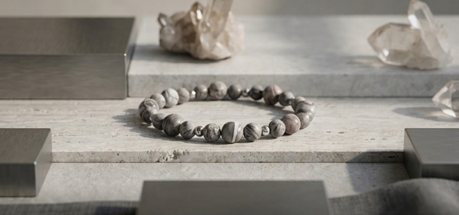 Bracciale artigianale in Diaspro Grigio Striato pietre naturali handmade GM_Creations