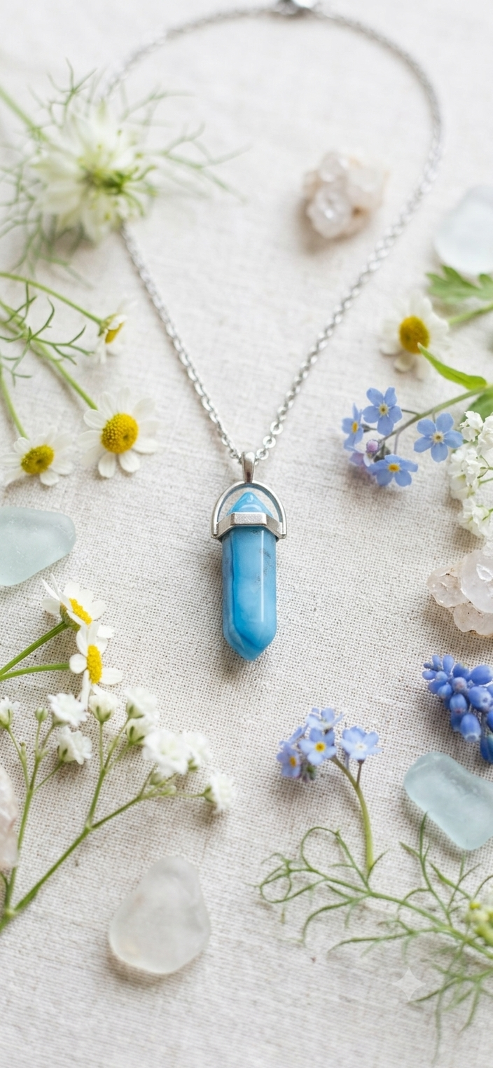 Collana artigianale ciondolo prisma esagonale Agata Blu pietra naturale handmade GM_Creations