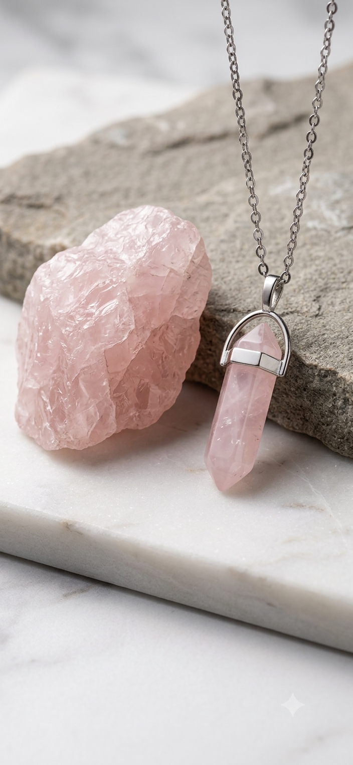 Collana artigianale ciondolo prisma esagonale Quarzo Rosa pietra naturale handmade GM_Creations