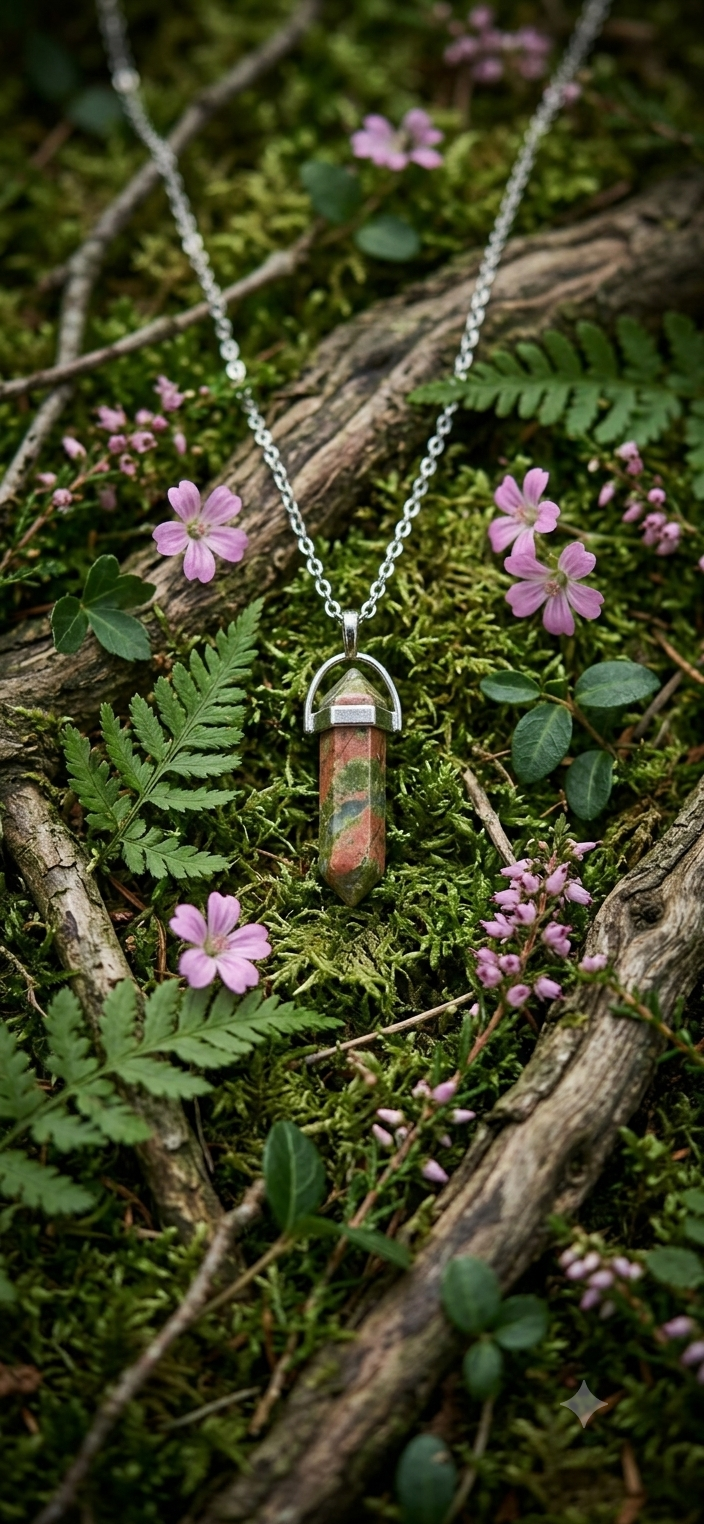 Collana artigianale ciondolo prisma esagonale Unakite pietra naturale handmade GM_Creations