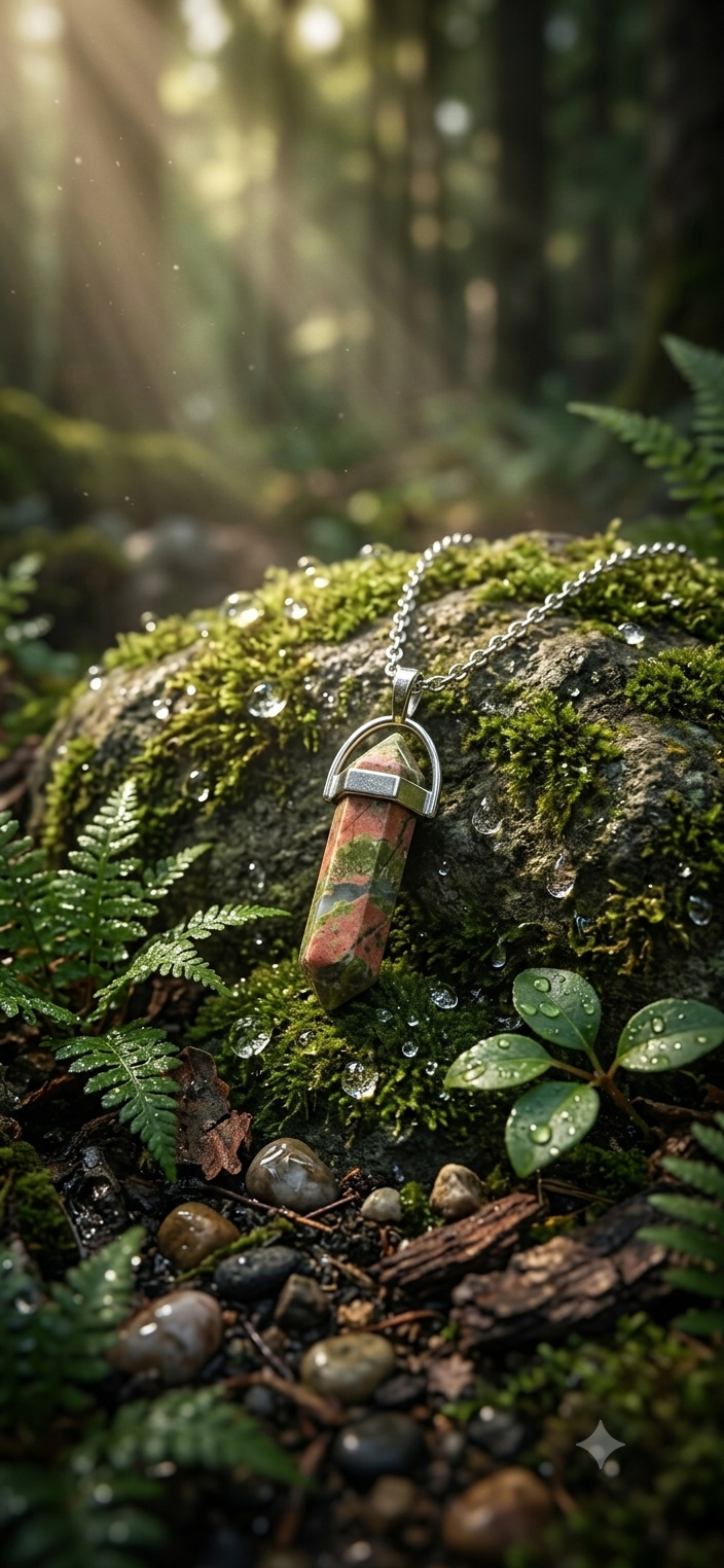 Collana artigianale ciondolo prisma esagonale Unakite pietra naturale handmade GM_Creations