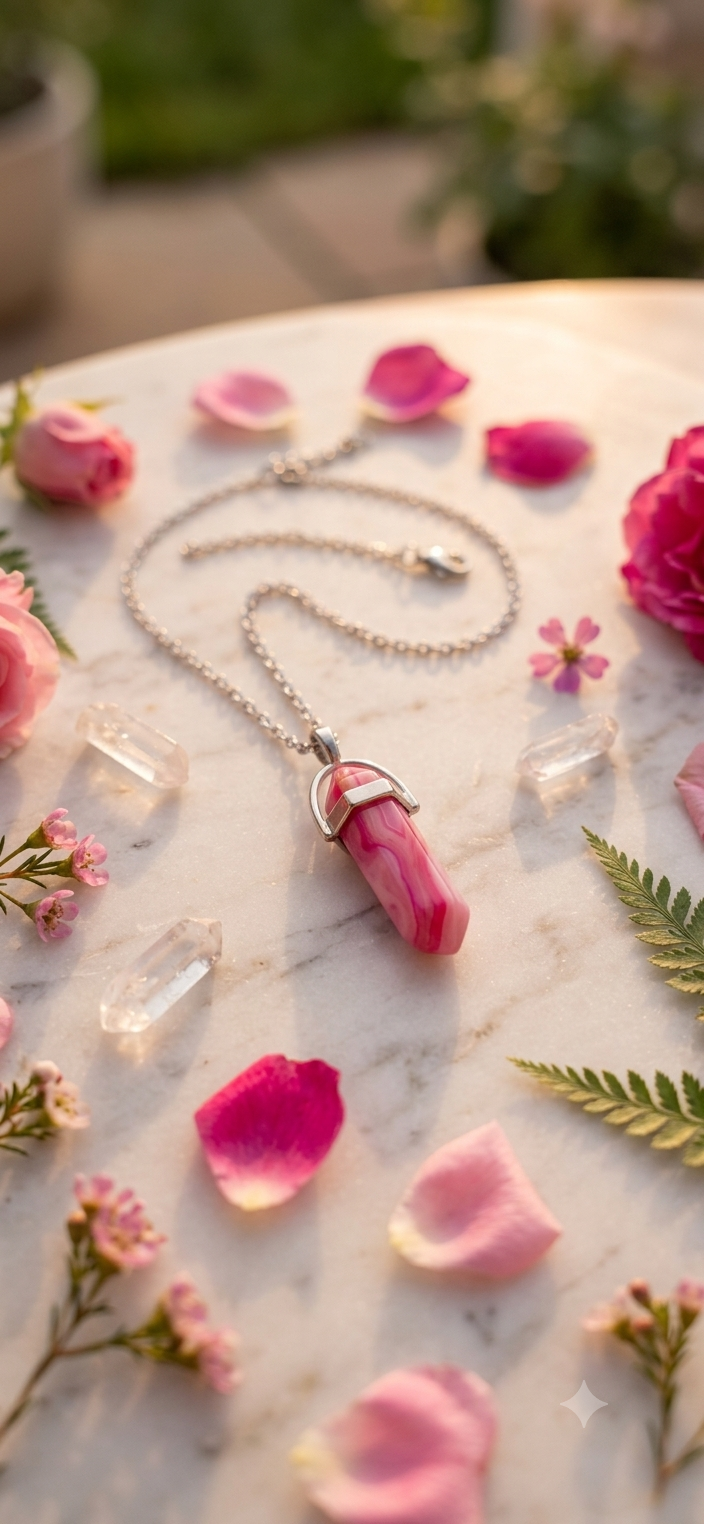 Collana artigianale ciondolo prisma esagonale Agata Fucsia pietra naturale handmade GM_Creations