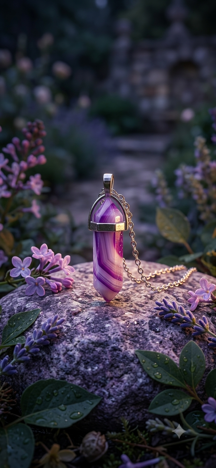 Collana artigianale ciondolo prisma esagonale Agata Viola pietra naturale handmade GM_Creations
