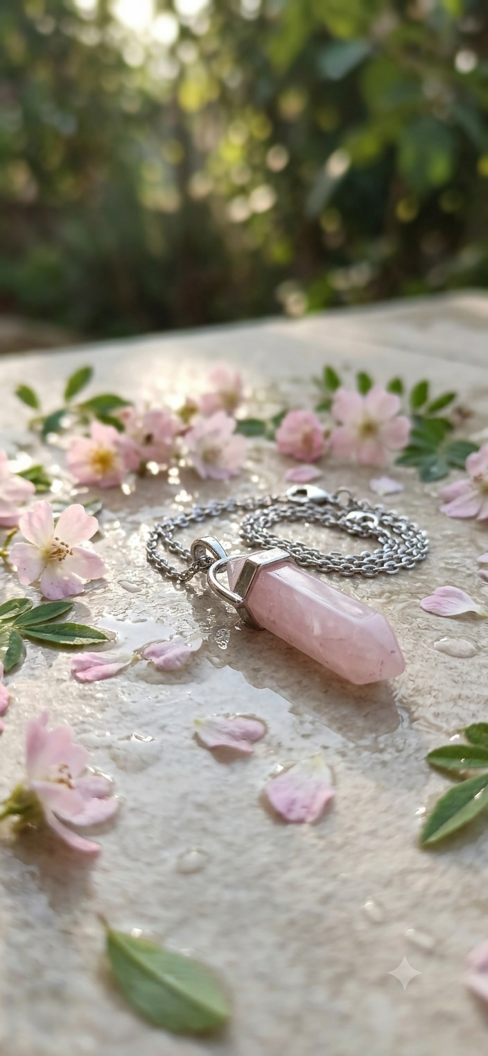 Collana artigianale ciondolo prisma esagonale Quarzo Rosa pietra naturale handmade GM_Creations