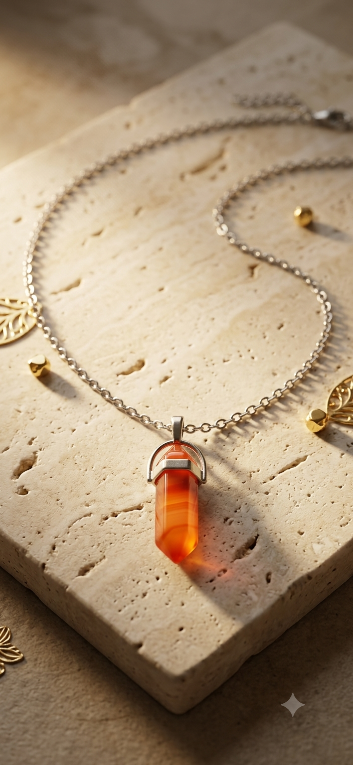 Collana artigianale ciondolo prisma esagonale Corniola pietra naturale handmade GM_Creations