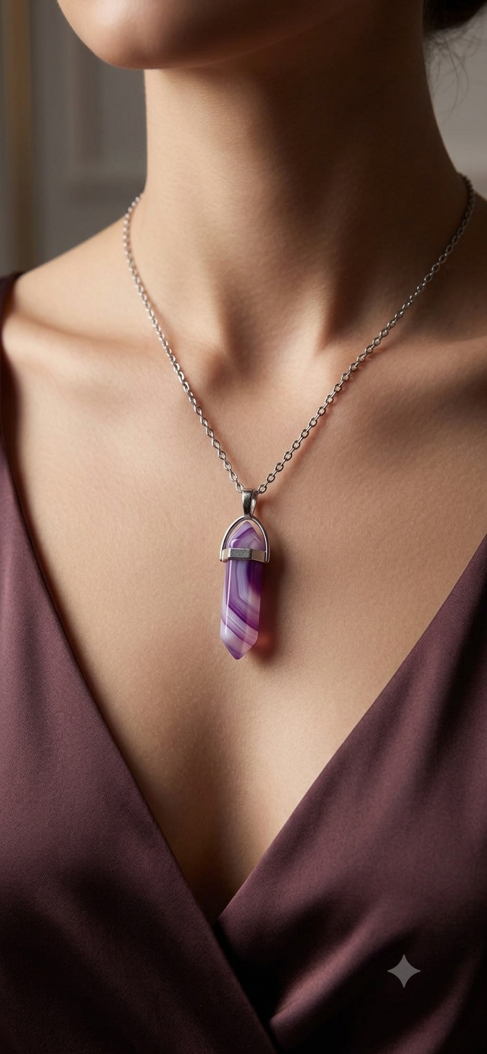 Collana artigianale ciondolo prisma esagonale Agata Viola pietra naturale handmade GM_Creations