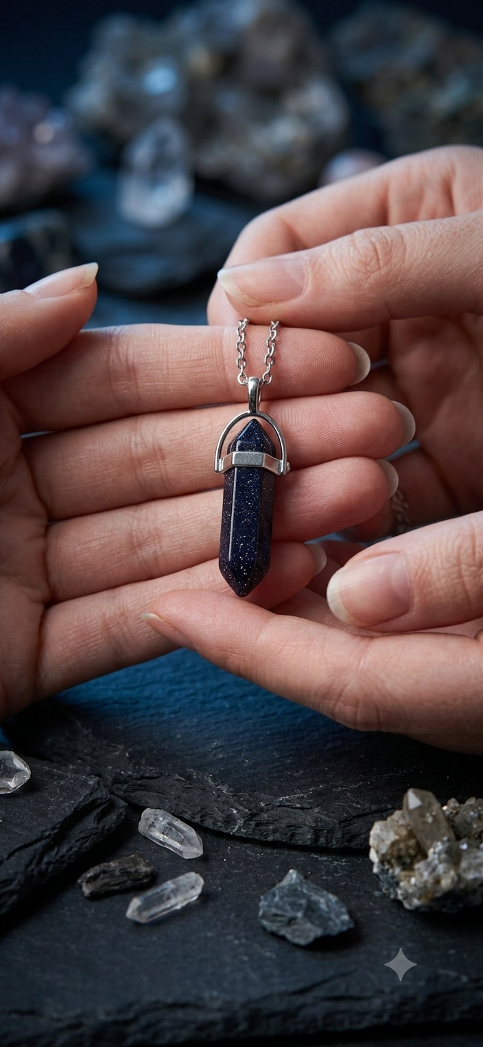 Collana artigianale ciondolo prisma esagonale Blue Sandstone Arenaria Blu handmade GM_Creations
