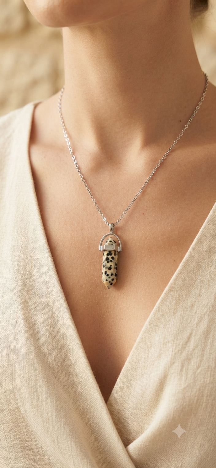 Collana artigianale ciondolo prisma esagonale Diaspro Dalmata pietra naturale handmade GM_Creations