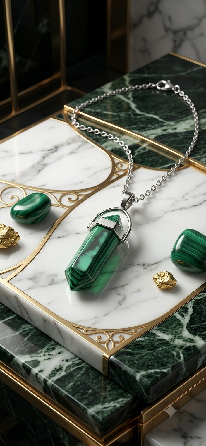 Collana artigianale ciondolo prisma esagonale Malachite pietra naturale handmade GM_Creations
