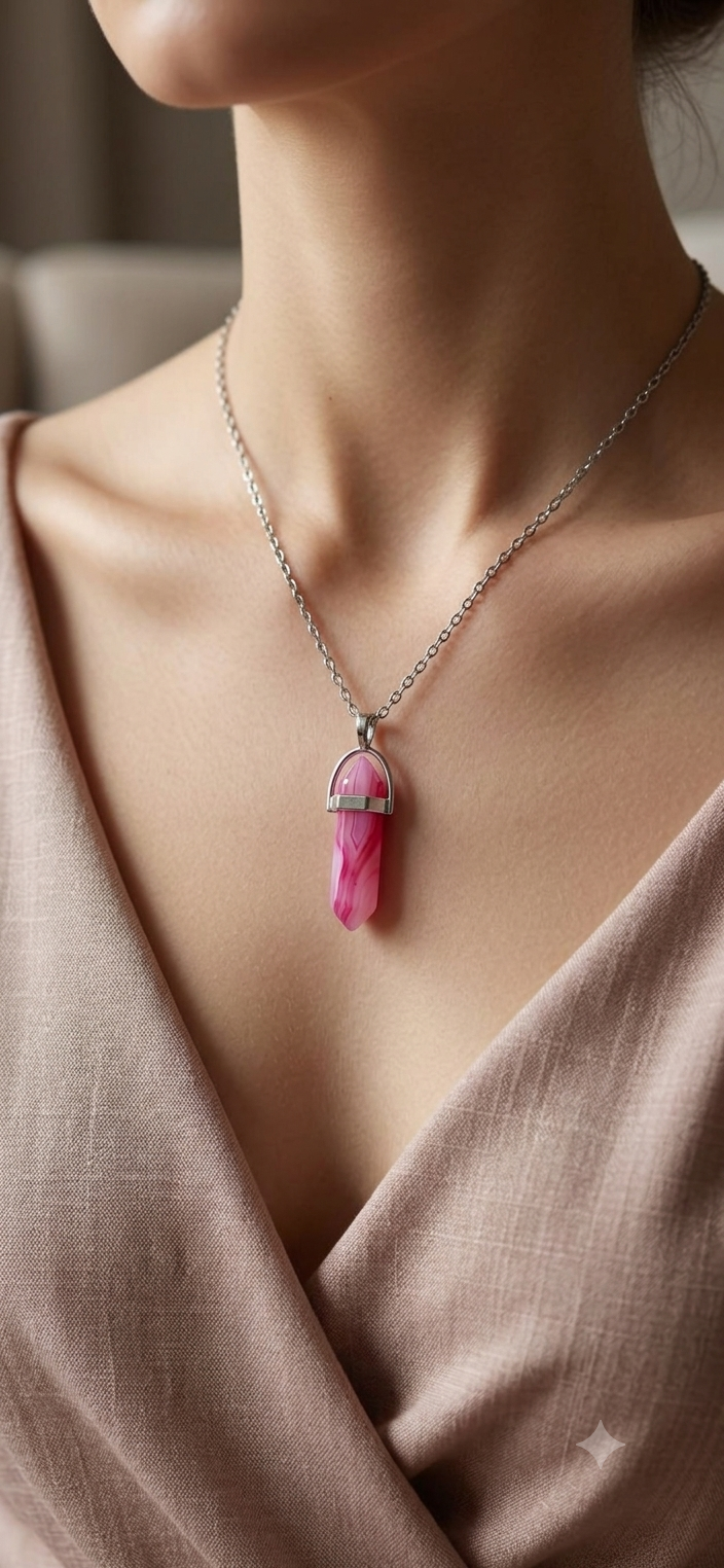 Collana artigianale ciondolo prisma esagonale Agata Fucsia pietra naturale handmade GM_Creations
