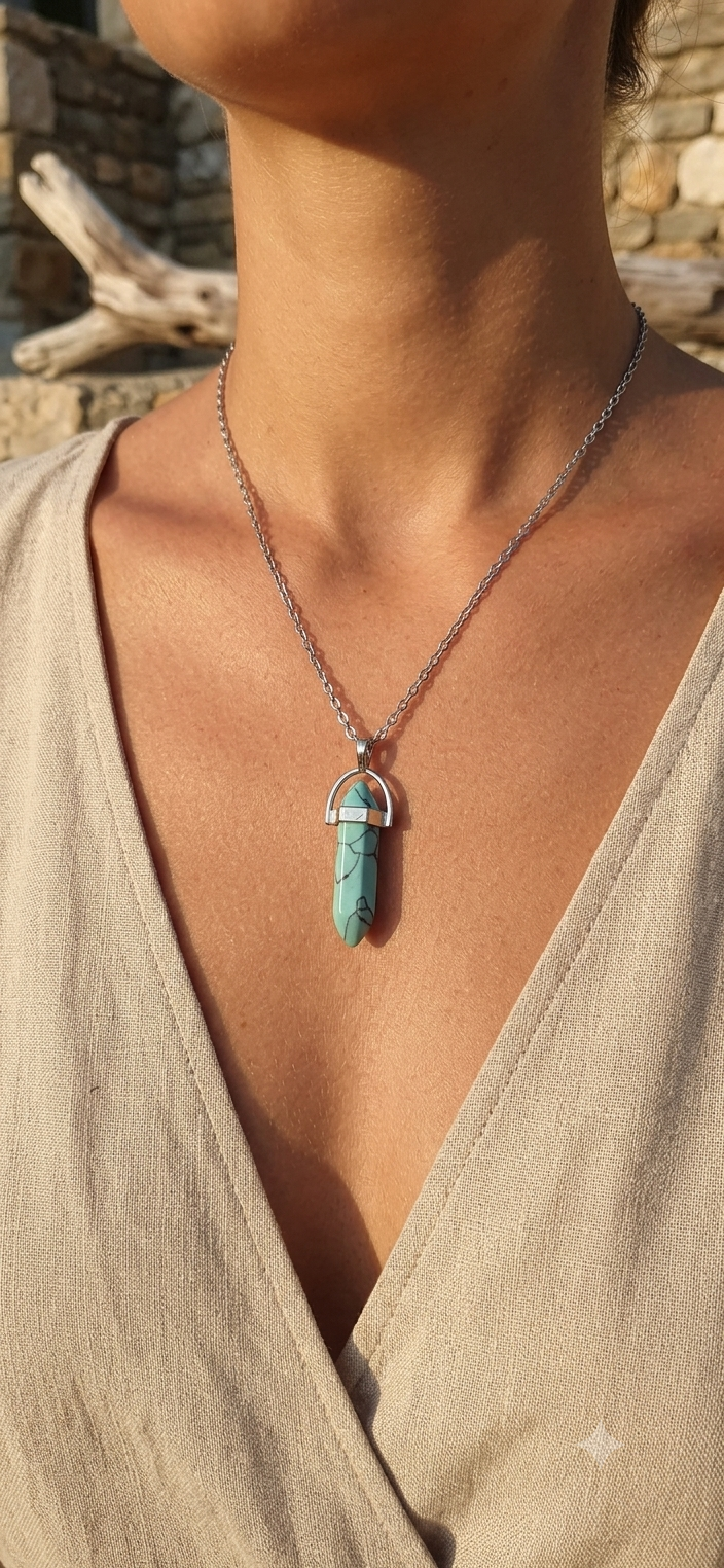 Collana artigianale ciondolo prisma esagonale Turchese pietra naturale handmade GM_Creations