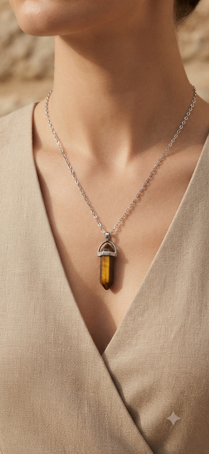 Collana artigianale ciondolo prisma esagonale Occhio di Tigre pietra naturale handmade GM_Creations