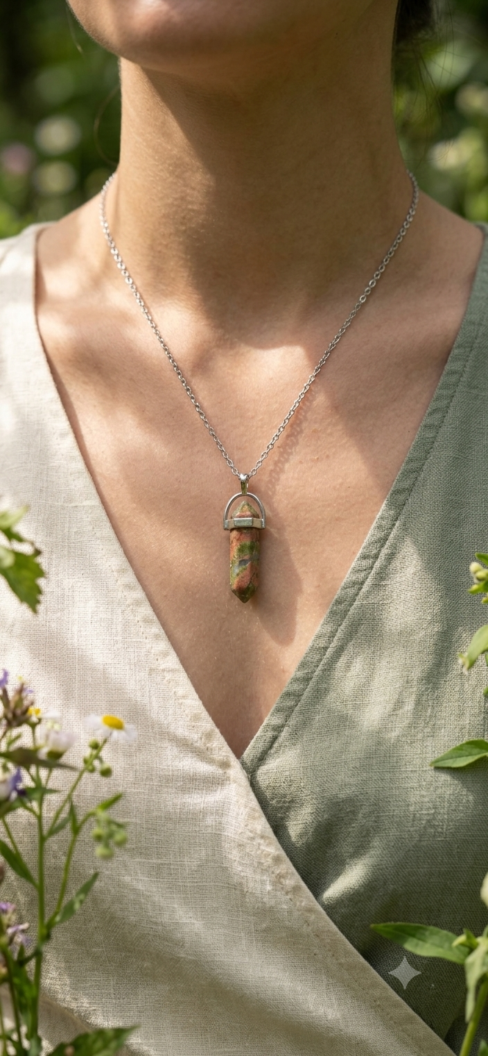 Collana artigianale ciondolo prisma esagonale Unakite pietra naturale handmade GM_Creations
