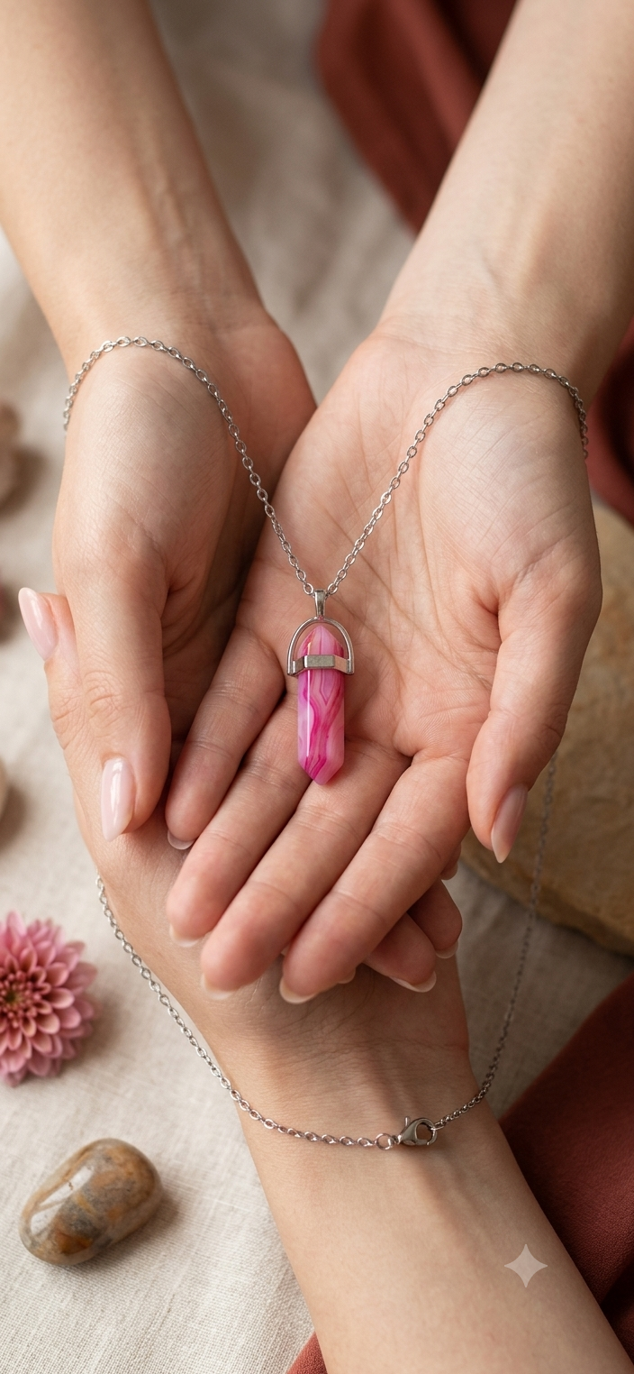 Collana artigianale ciondolo prisma esagonale Agata Fucsia pietra naturale handmade GM_Creations