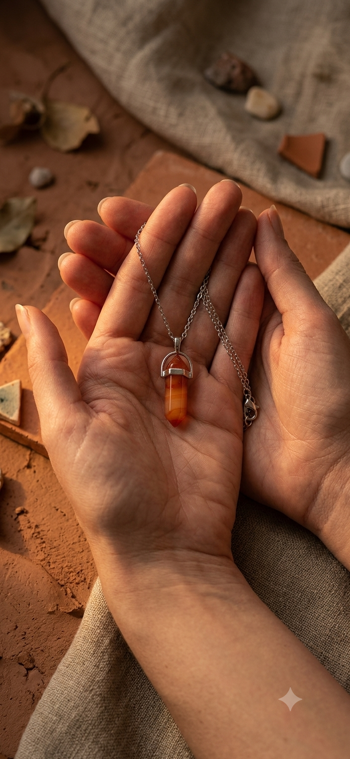 Collana artigianale ciondolo prisma esagonale Corniola pietra naturale handmade GM_Creations