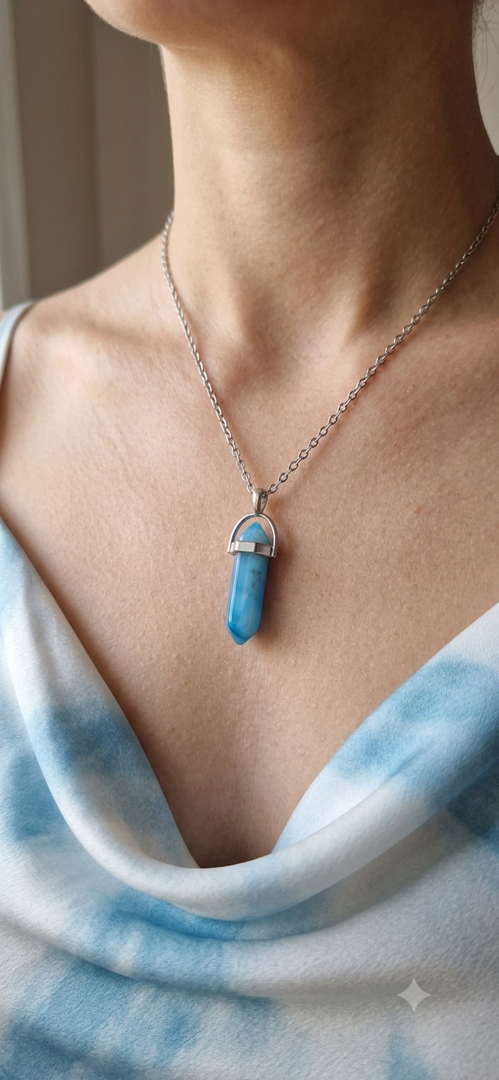 Collana artigianale ciondolo prisma esagonale Agata Blu pietra naturale handmade GM_Creations