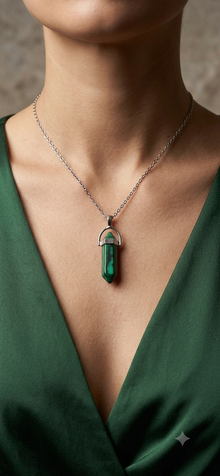Collana artigianale ciondolo prisma esagonale Malachite pietra naturale handmade GM_Creations