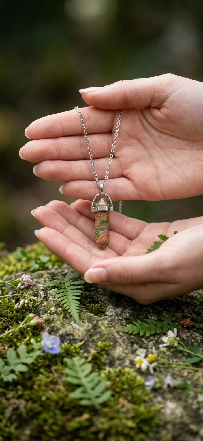 Collana artigianale ciondolo prisma esagonale Unakite pietra naturale handmade GM_Creations