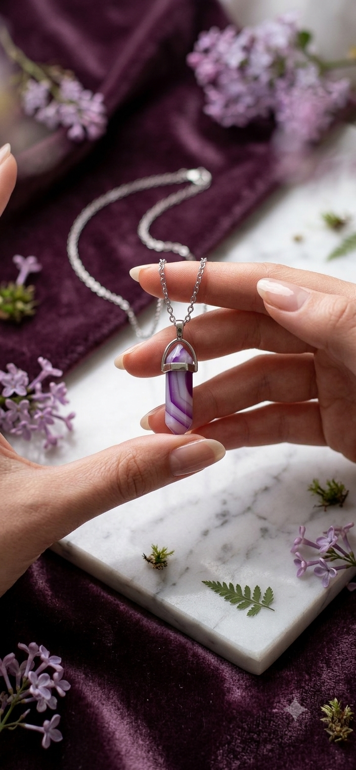 Collana artigianale ciondolo prisma esagonale Agata Viola pietra naturale handmade GM_Creations