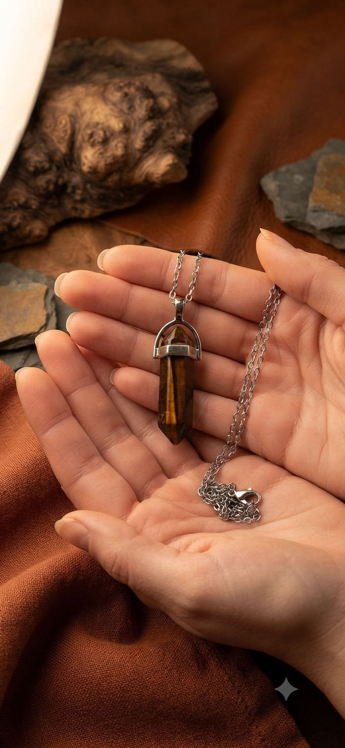 Collana artigianale ciondolo prisma esagonale Occhio di Tigre pietra naturale handmade GM_Creations
