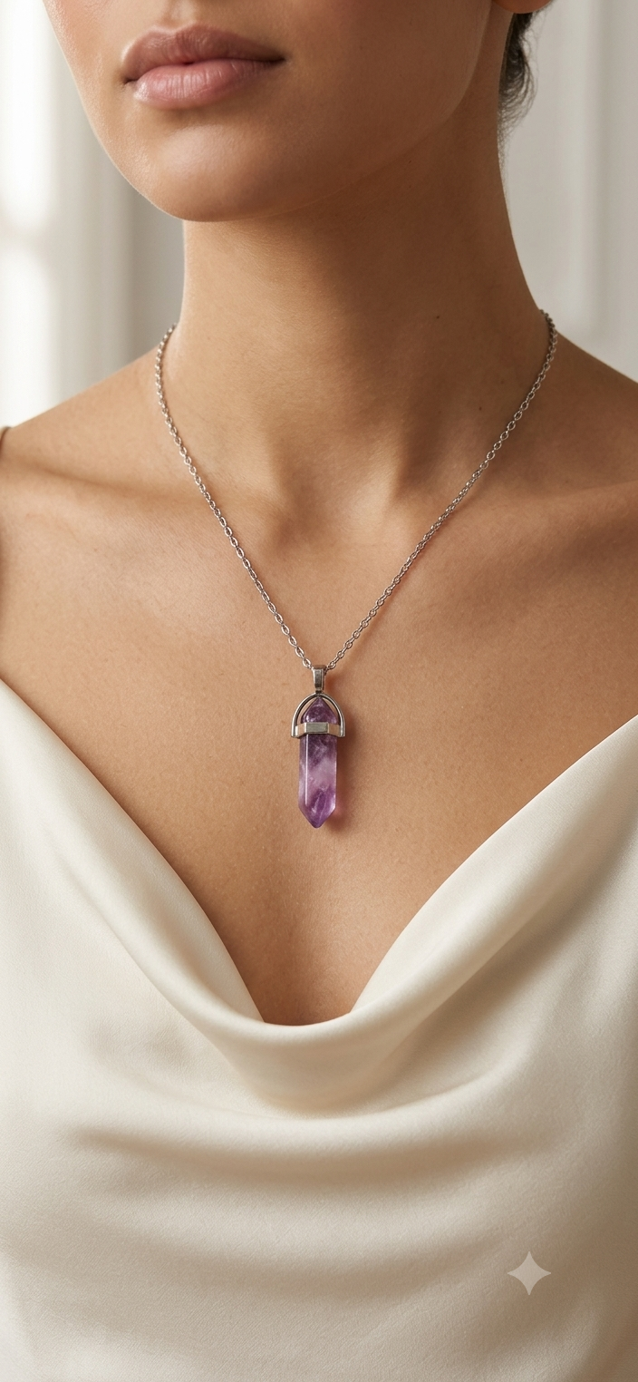 Collana artigianale ciondolo prisma esagonale Ametista pietra naturale handmade GM_Creations