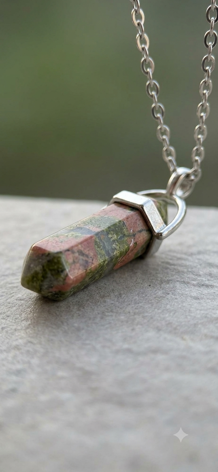 Collana artigianale ciondolo prisma esagonale Unakite pietra naturale handmade GM_Creations