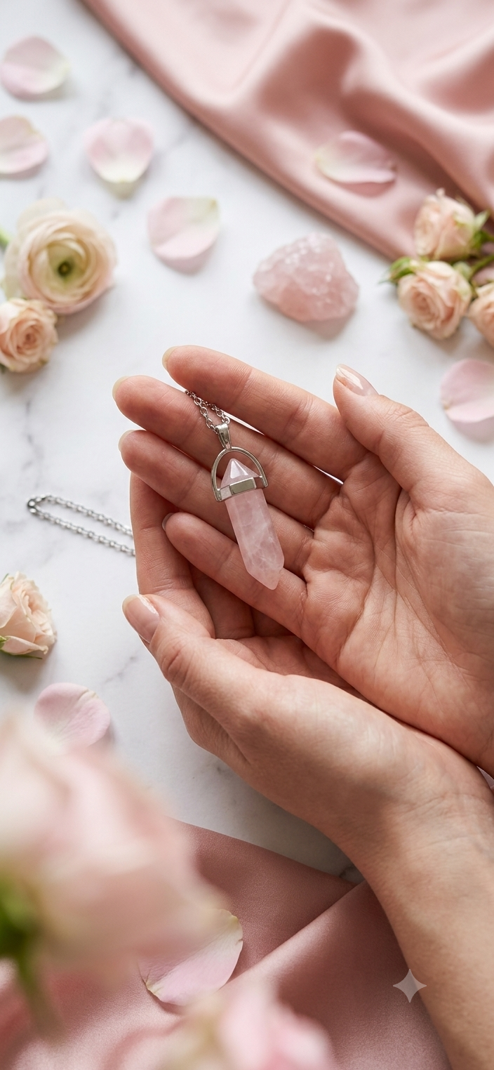 Collana artigianale ciondolo prisma esagonale Quarzo Rosa pietra naturale handmade GM_Creations