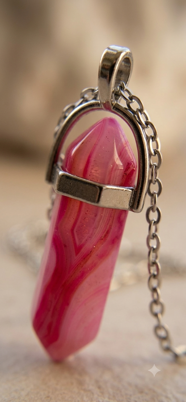 Collana artigianale ciondolo prisma esagonale Agata Fucsia pietra naturale handmade GM_Creations