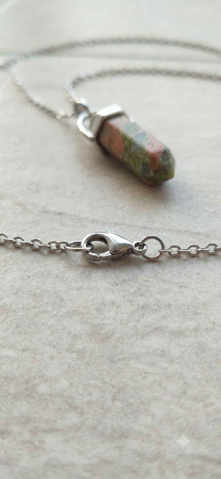 Collana artigianale ciondolo prisma esagonale Unakite pietra naturale handmade GM_Creations