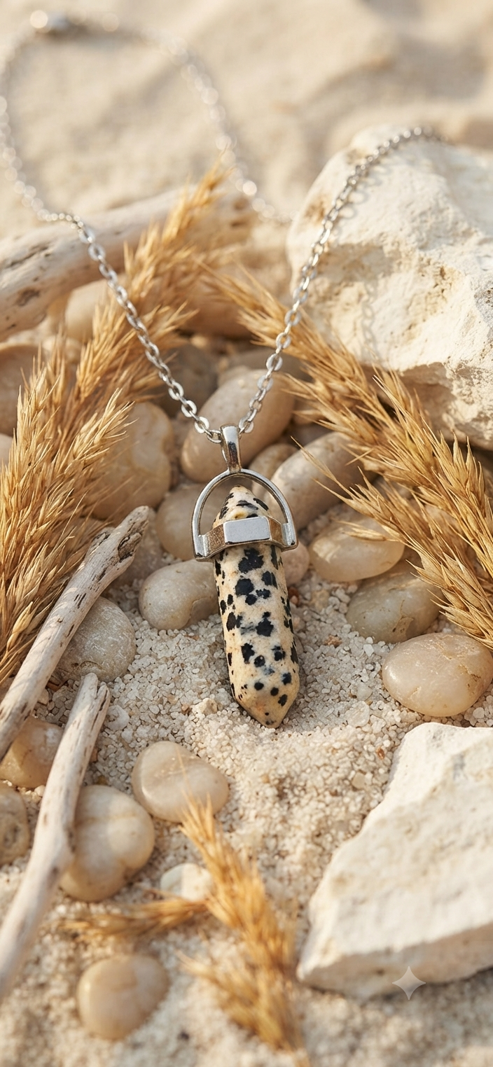 Collana artigianale ciondolo prisma esagonale Diaspro Dalmata pietra naturale handmade GM_Creations
