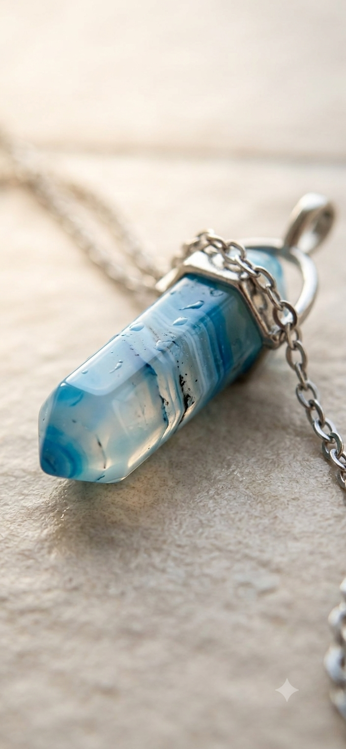 Collana artigianale ciondolo prisma esagonale Agata Blu pietra naturale handmade GM_Creations