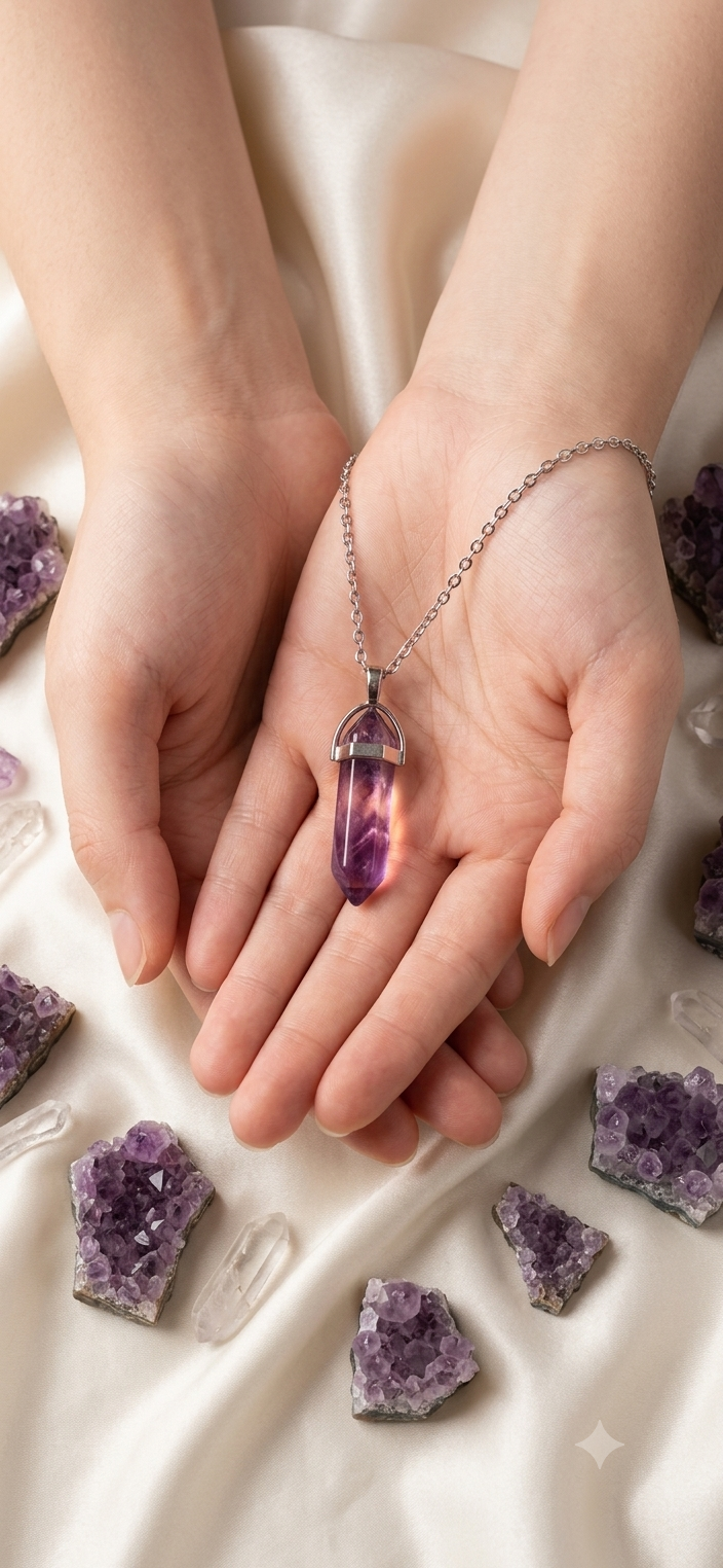 Collana artigianale ciondolo prisma esagonale Ametista pietra naturale handmade GM_Creations