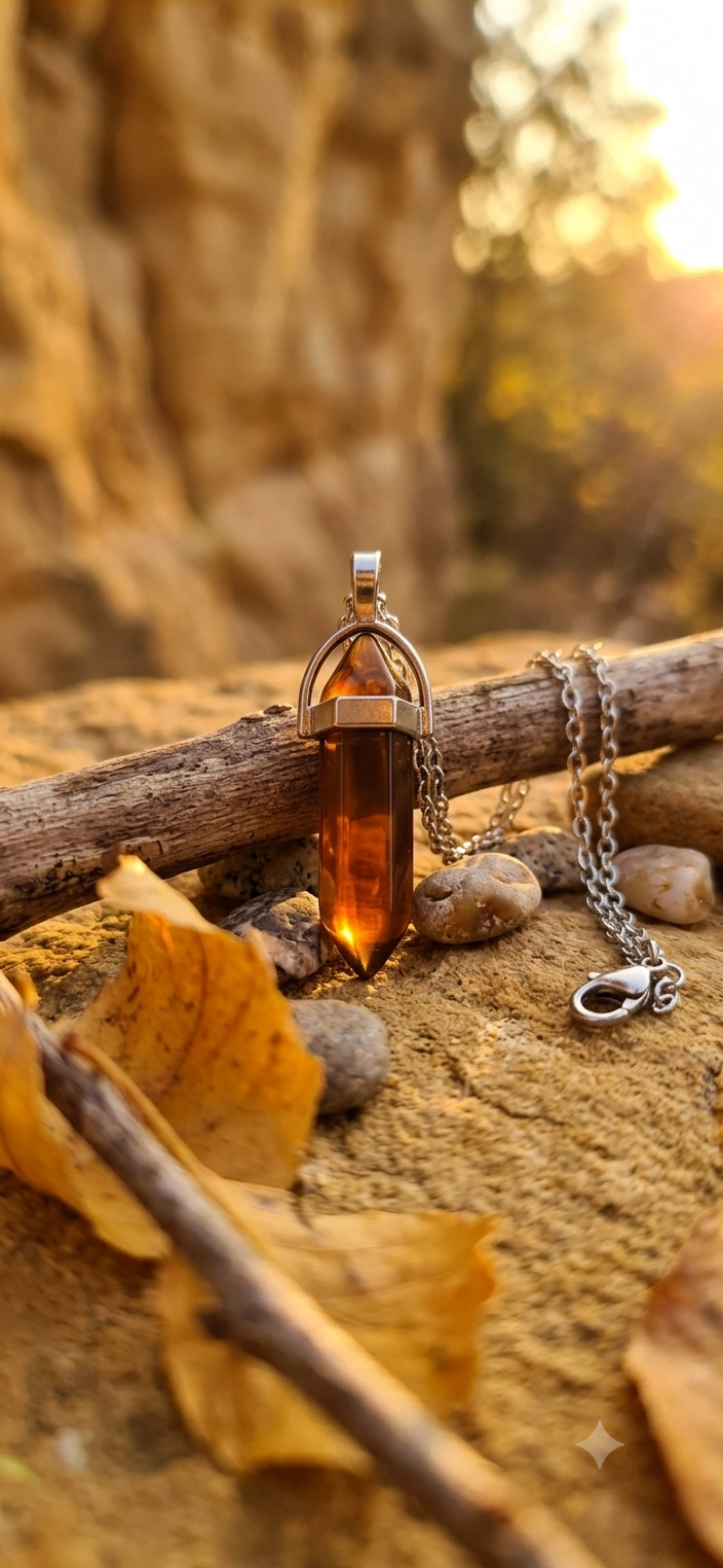 Collana artigianale ciondolo prisma esagonale Agata Ambra pietra naturale handmade GM_Creations