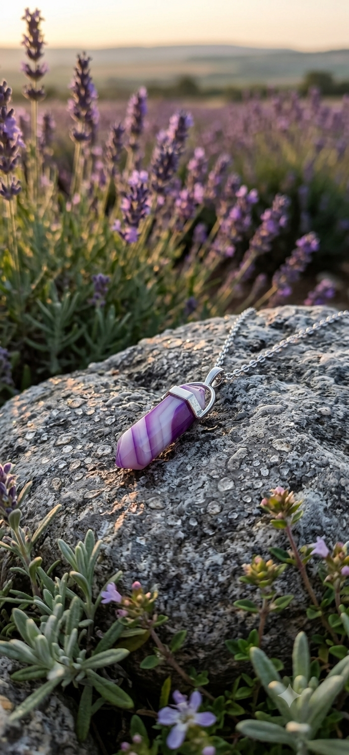 Collana artigianale ciondolo prisma esagonale Agata Viola pietra naturale handmade GM_Creations