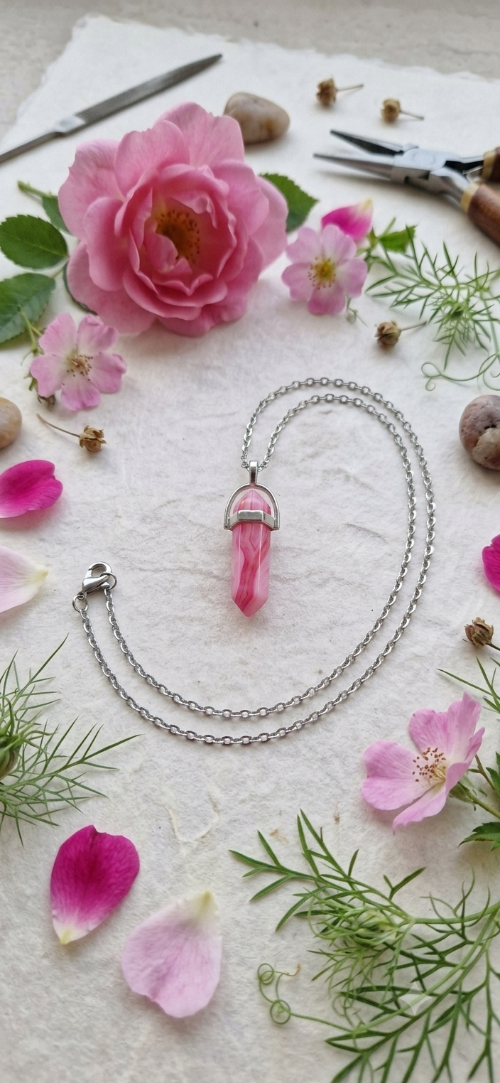 Collana artigianale ciondolo prisma esagonale Agata Fucsia pietra naturale handmade GM_Creations